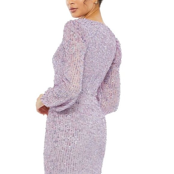 Mac Duggal Lavender Illusion Puff Sleeve V Neck Midi Dress Size 12 New NWT - Picture 3 of 9